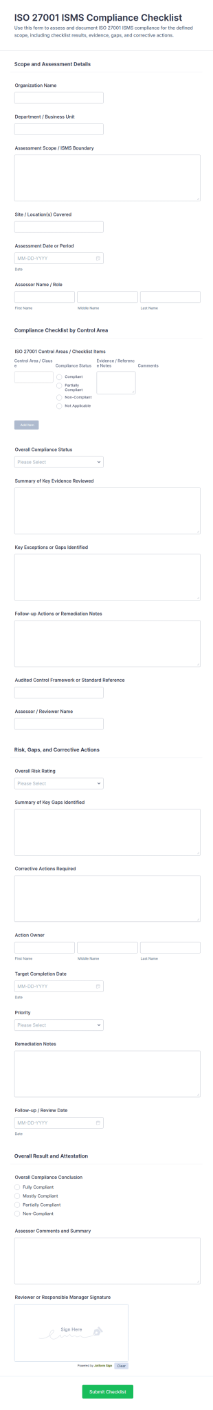 ISO 27001 Information Security Management System (ISMS) Compliance Checklist Form Template