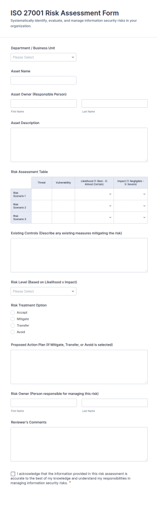 ISO 27001 Risk Assessment Form Template