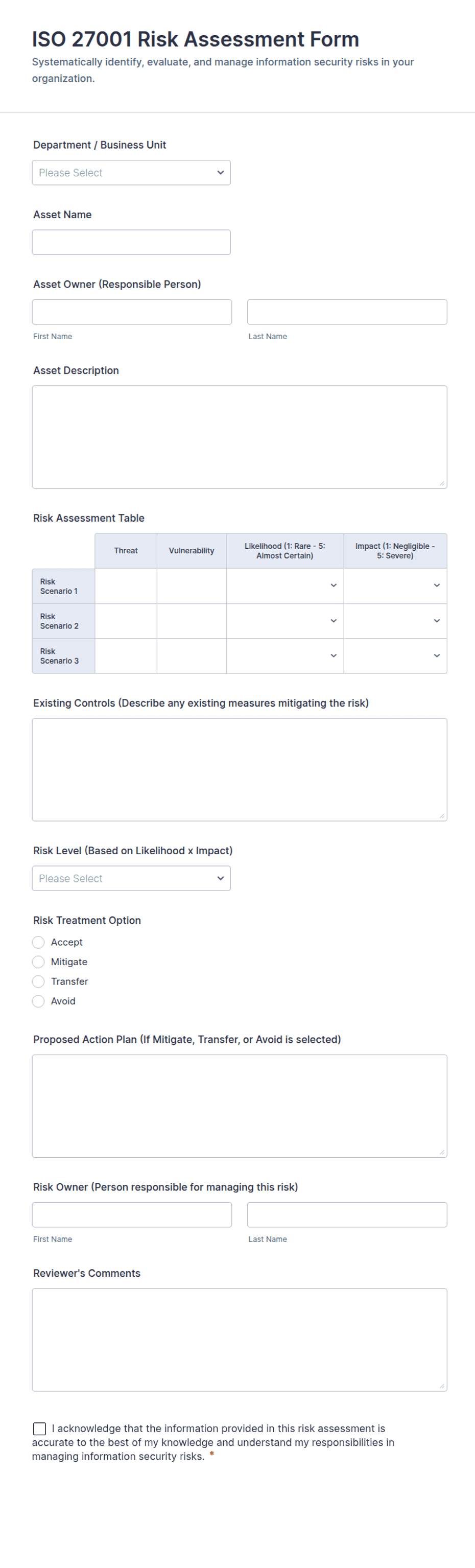 Iso 27001 Risk Assessment Template ISO 27001 Risk Assessment Form Template | Jotform