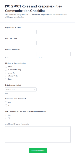 ISO 27001 Roles And Responsibilities Communication Checklist Form Template