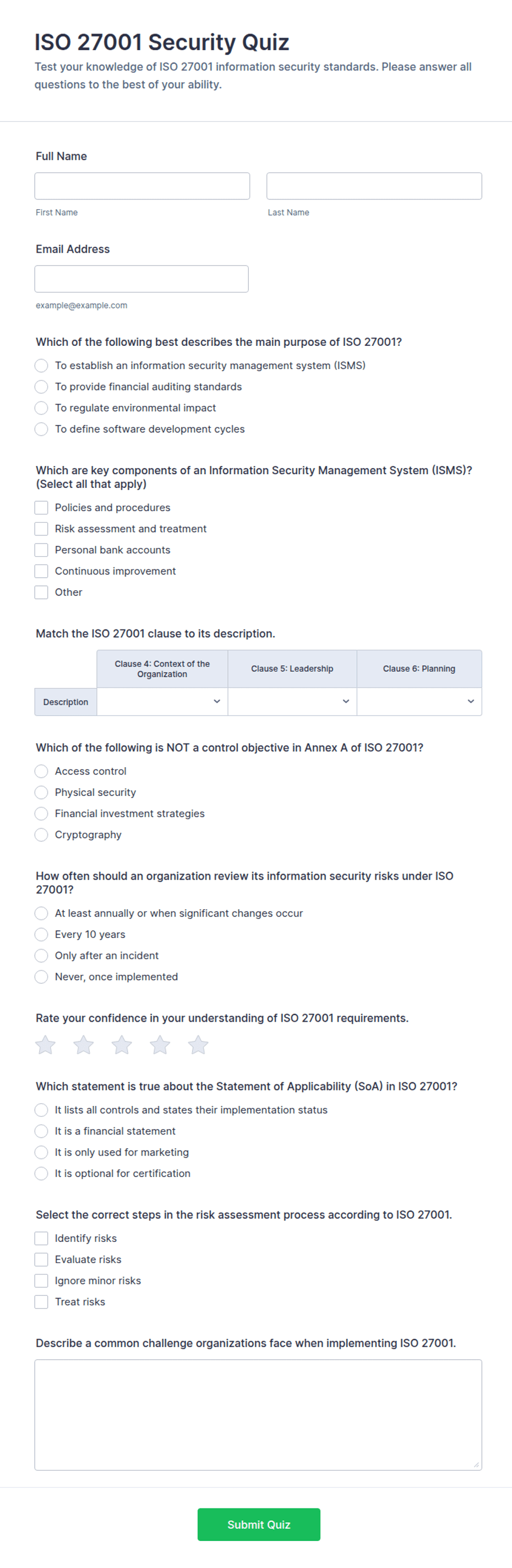ISO 27001 Security Quiz Form Template | Jotform