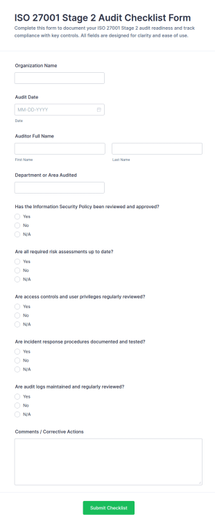 ISO 27001 Stage 2 Audit Checklist Form Template