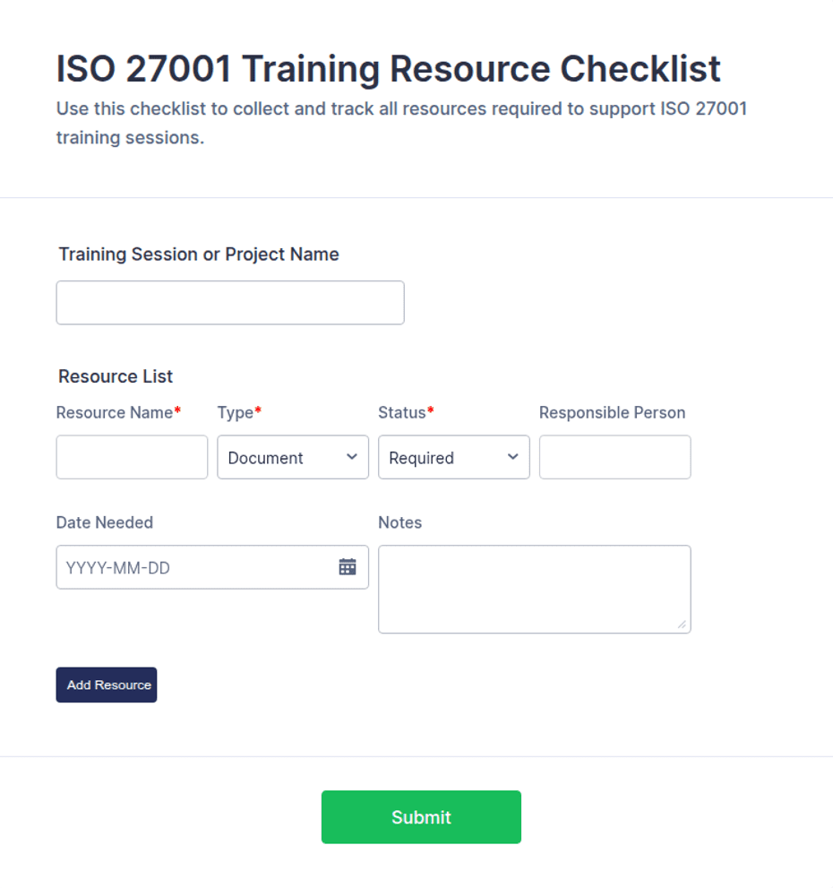 ISO 27001 Training Resource Checklist Form Template | Jotform