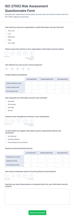 ISO 27002 Risk Assessment Questionnaire Form Template