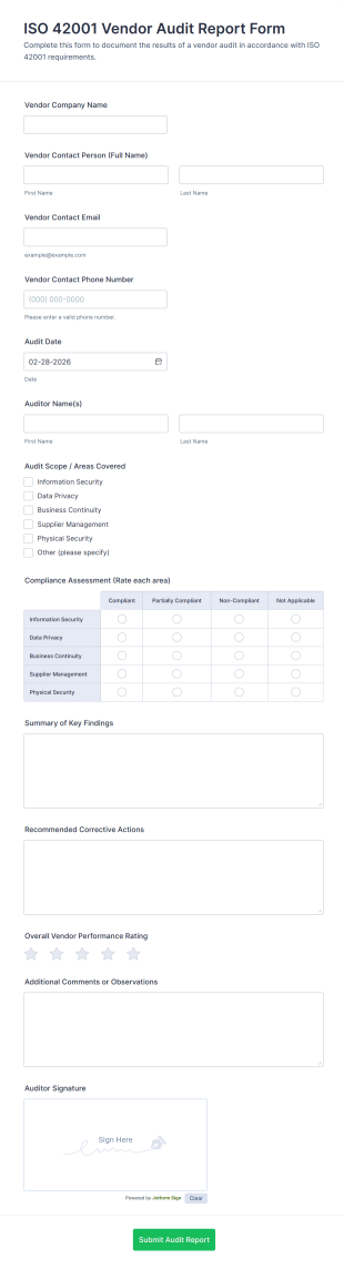 ISO 42001 Vendor Audit Report Form Template