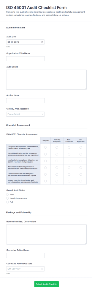 ISO 45001 Audit Checklist Form Template