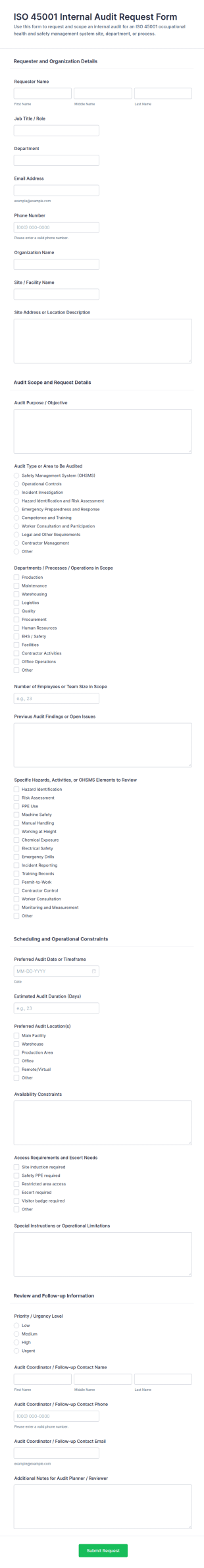 ISO 45001 Internal Audit Request Form Template