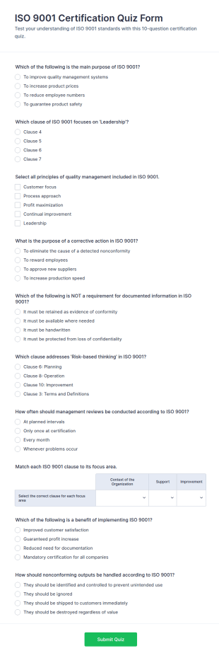 ISO 9001 Certification Quiz Form Template