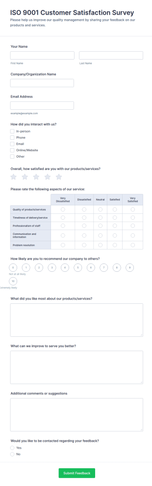 ISO 9001 Customer Satisfaction Survey Form Template