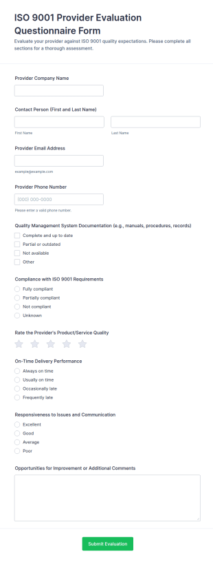 ISO 9001 Provider Evaluation Questionnaire Form Template