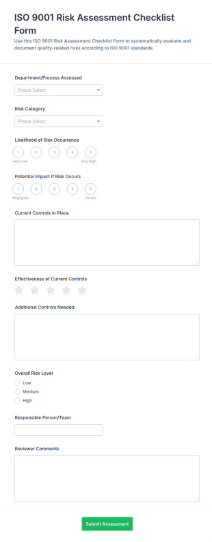 ISO 9001 Risk Assessment Checklist Form Template