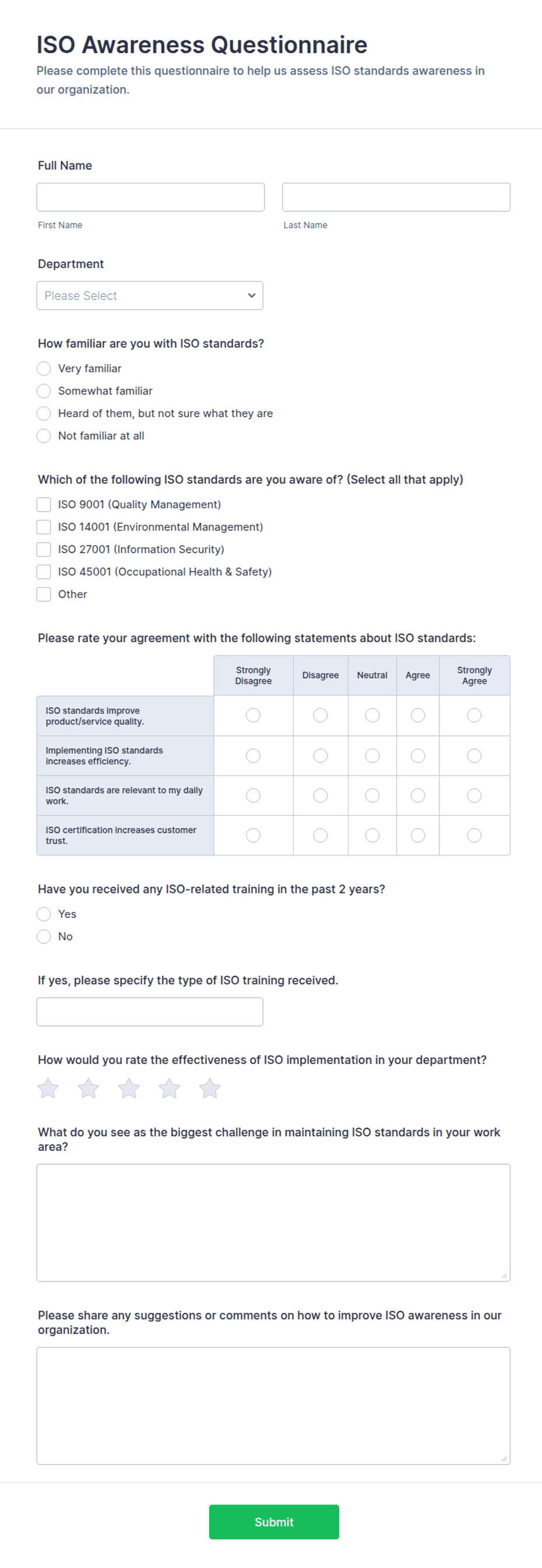 ISO Awareness Questionnaire Form Template | Jotform