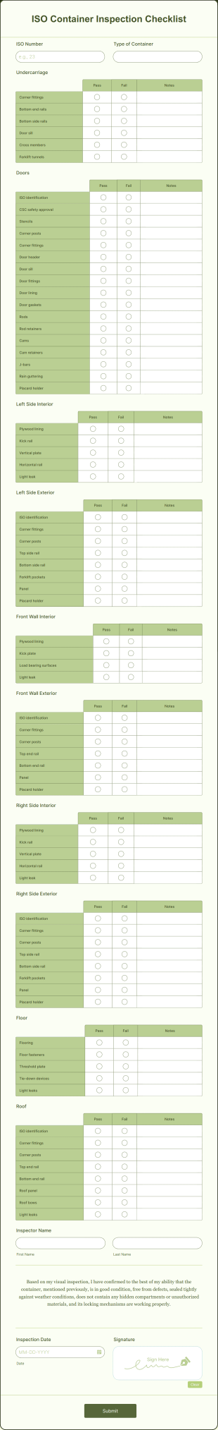 ISO Container Inspection Checklist Form Template