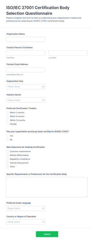 ISO/IEC 27001 Certification Body Selection Questionnaire Form Template