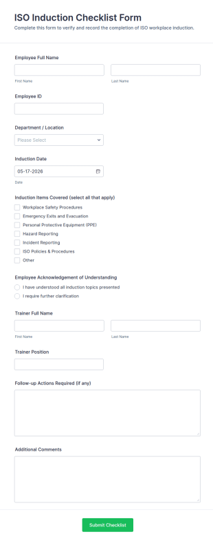 ISO Induction Checklist Form Template