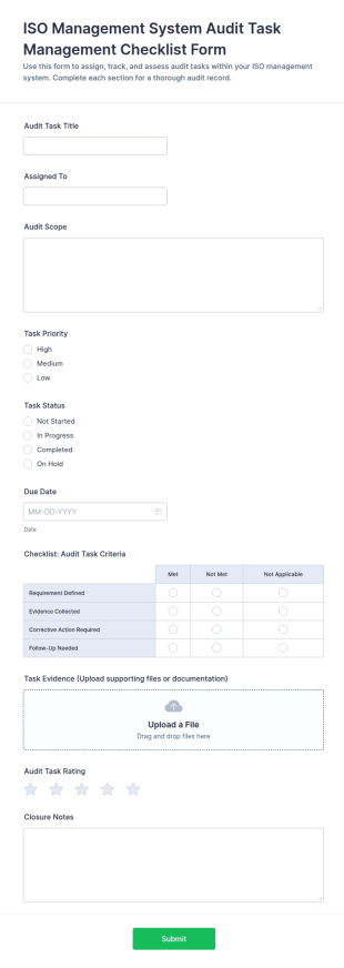 ISO Management System Audit Task Management Checklist Form Template