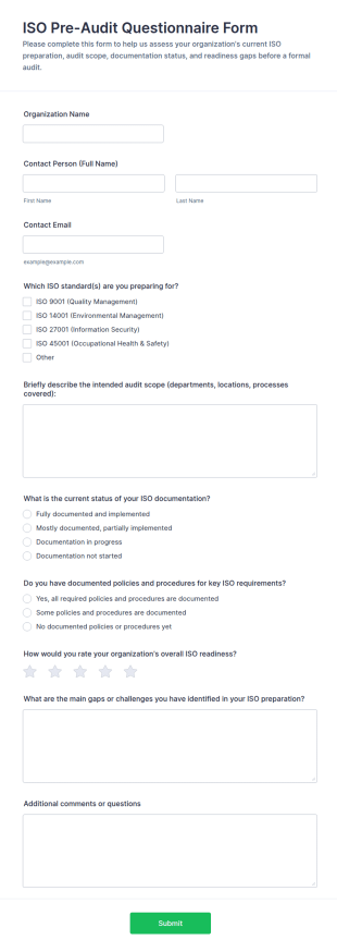 ISO Pre Audit Questionnaire Form Template