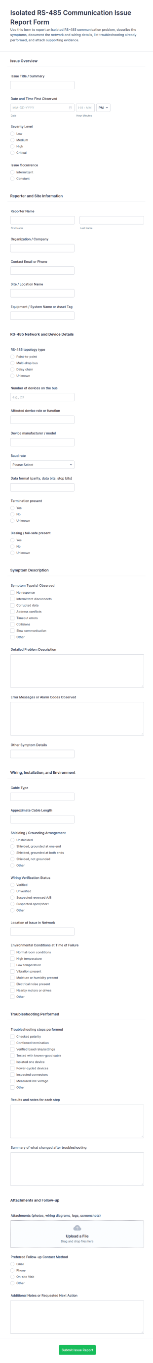 Isolated RS 485 Communication Issue Report Form Template