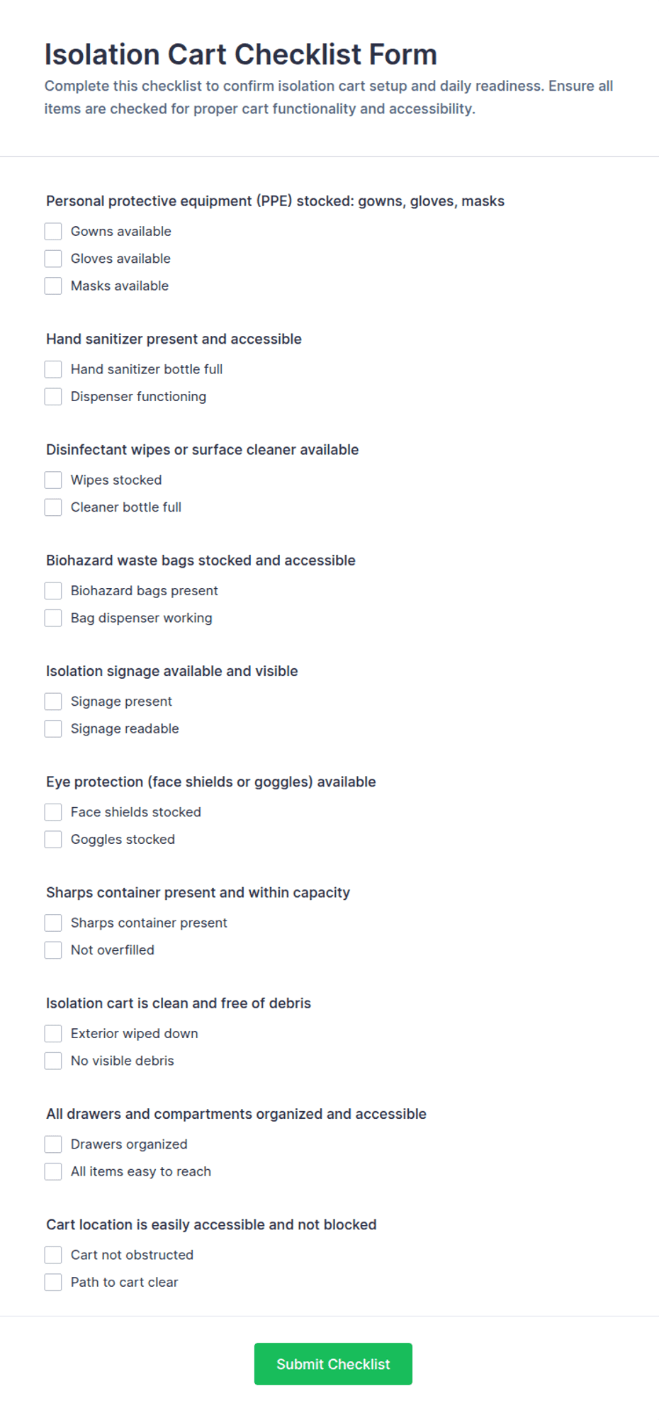 Isolation Cart Checklist Form Template | Jotform