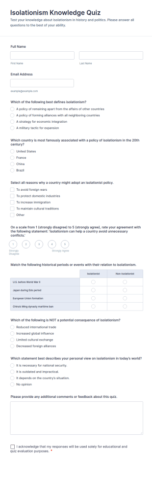 Isolationism Knowledge Quiz Form Template