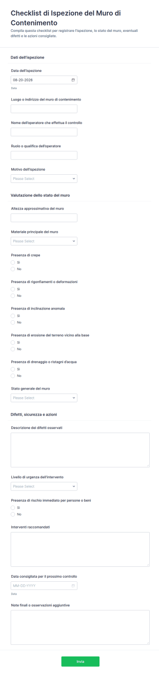 Ispezione Del Muro Di Sostegno Checklist