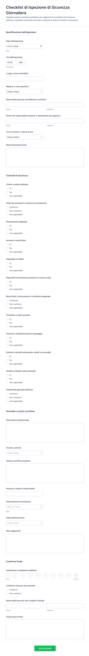 Ispezione Di Sicurezza Quotidiana Questionario