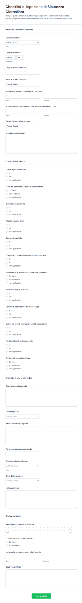 Ispezione Di Sicurezza Quotidiana Questionario