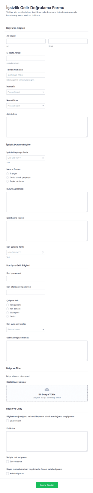 İşsizlik Geliri Doğrulama Anketi Form Şablonu