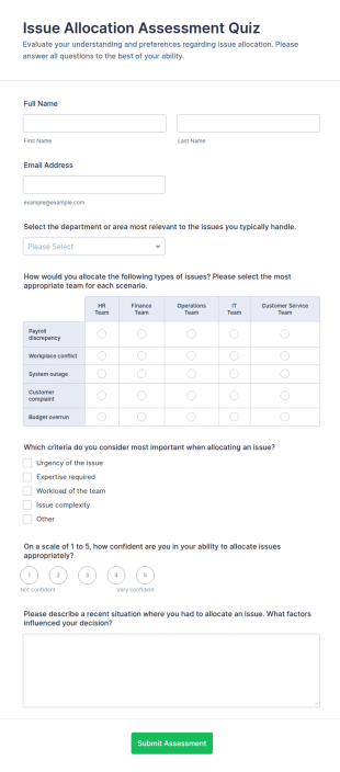 Issue Allocation Assessment Quiz Form Template