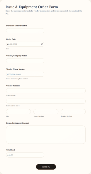 Issue And Equipment Order Form Template