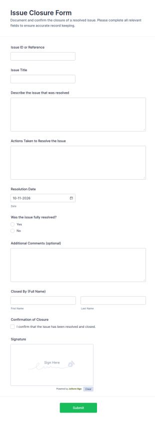 Issue Closure Form Template