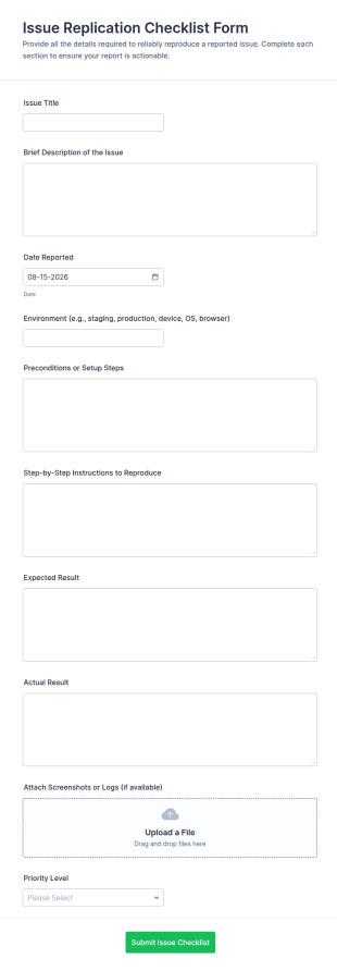 Issue Replication Checklist Form Template