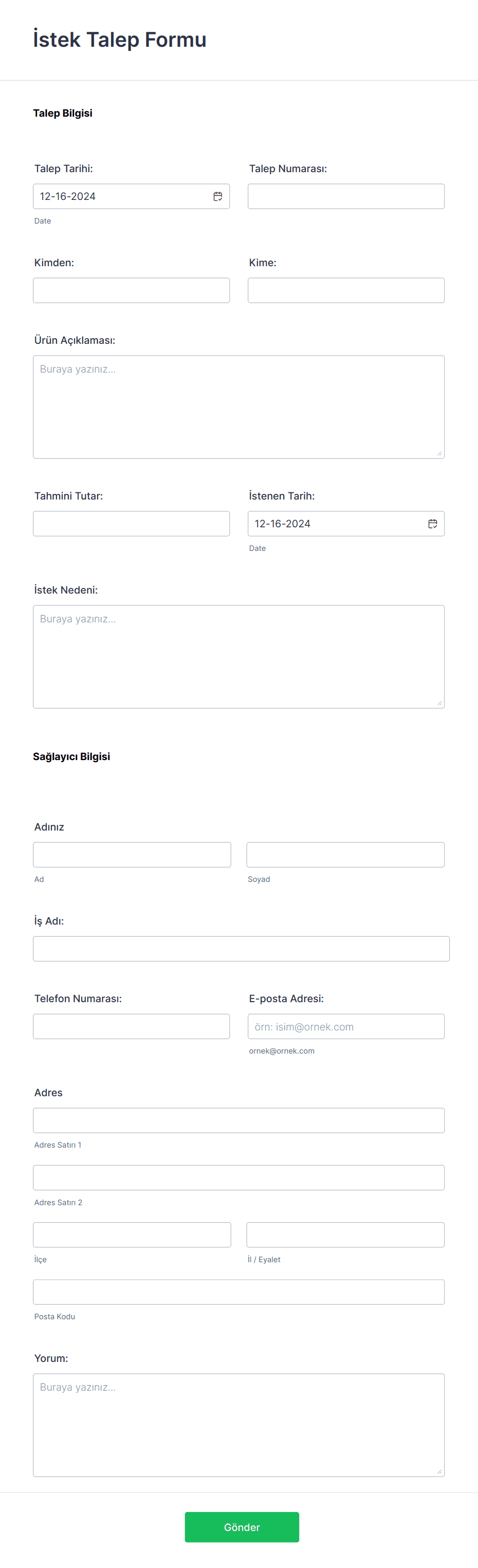 İstek Talep Form Örneği Form Şablonu 