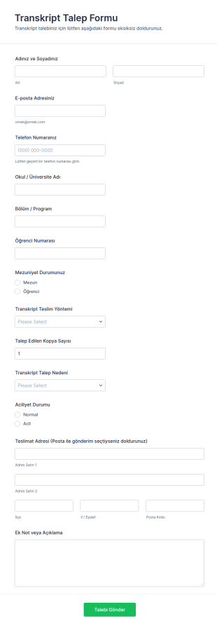 Transkript Talep Form Şablonu