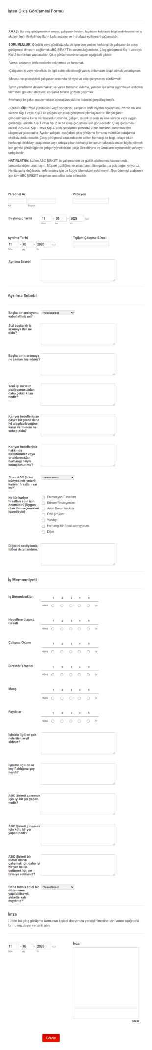 İşten Çıkış Görüşmesi Form Şablonu