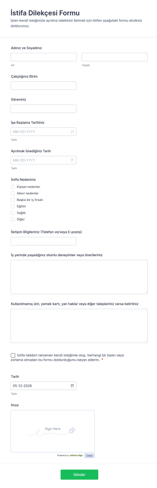 İstifa Dilekçesi Form Şablonu
