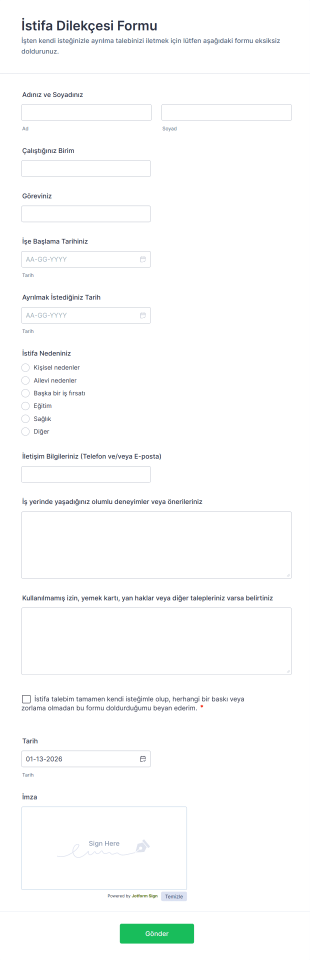 İstifa Dilekçesi Form Şablonu