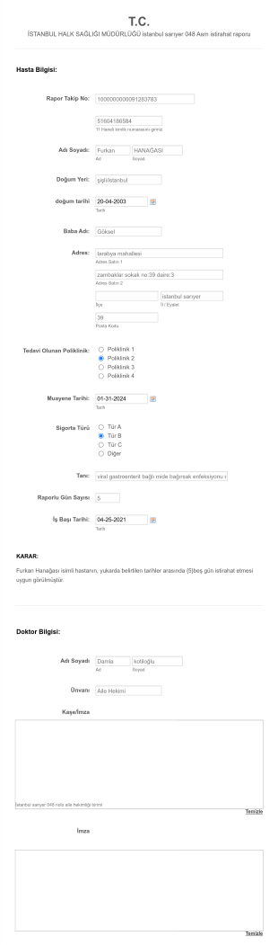 İstirahat Raporu Örneği Form Template