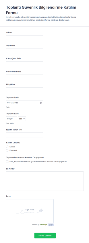 Toplantı Güvenlik Bilgilendirme Katılım Form Şablonu