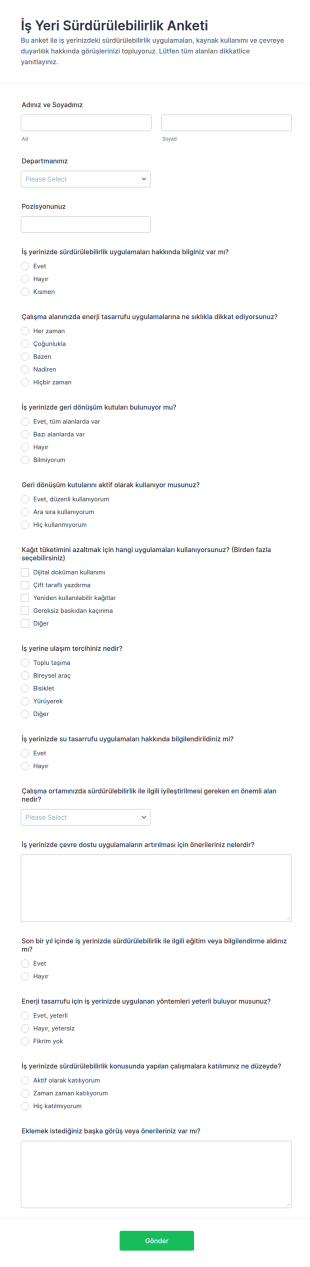 İşyeri Sürdürülebilirlik Anketi Form Şablonu