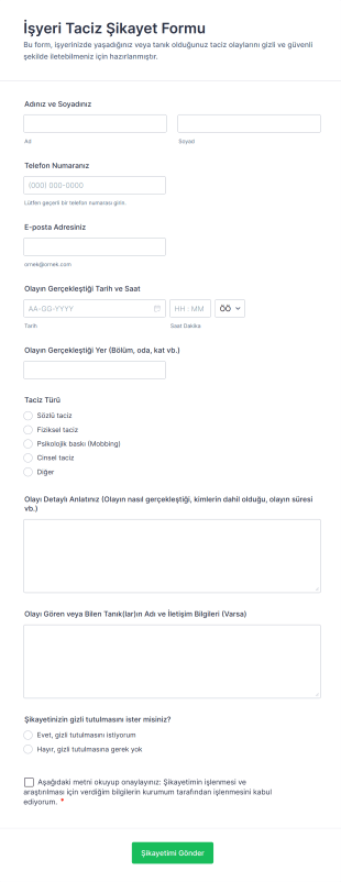 İşyeri Taciz Şikayet Form Template
