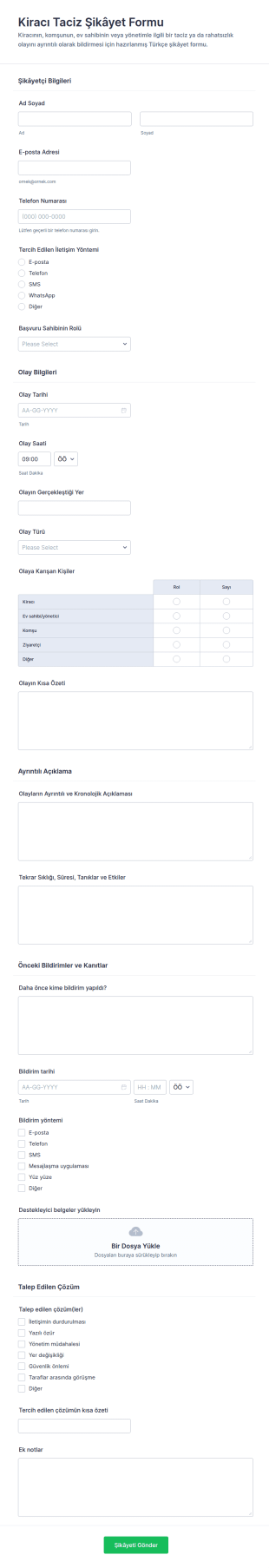 İşyeri Tacizi Şikayet Form Şablonu