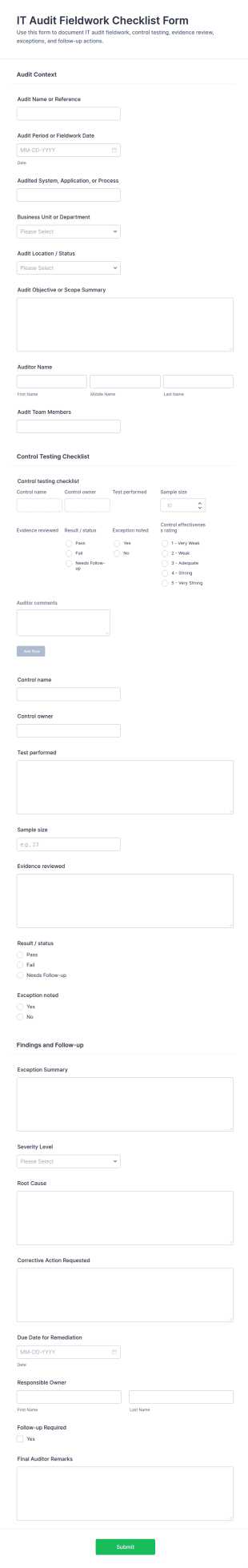 IT Audit Fieldwork Checklist Form Template
