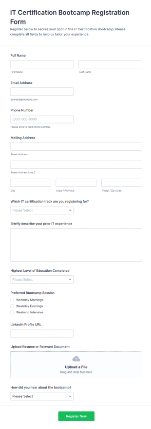IT Certification Bootcamp Registration Form Template