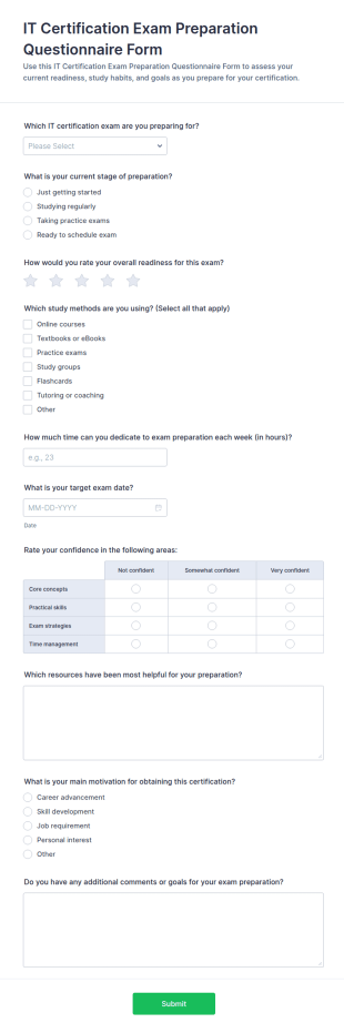 IT Certification Exam Preparation Questionnaire Form Template