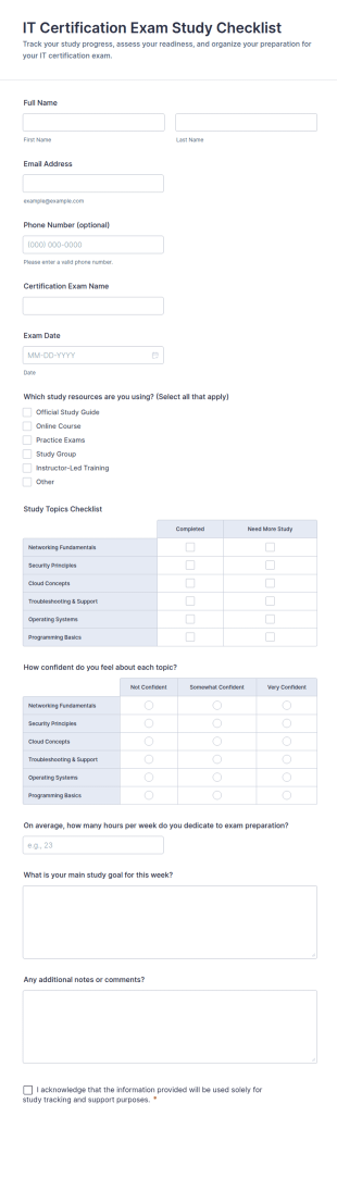IT Certification Exam Study Checklist Form Template