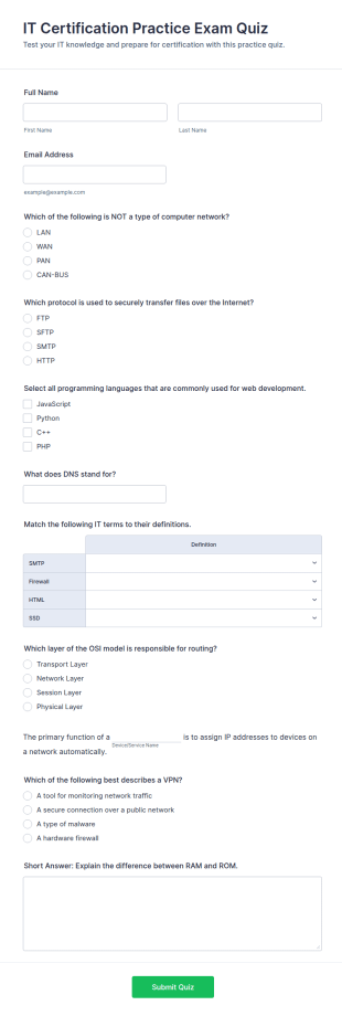 IT Certification Practice Exam Quiz Form Template