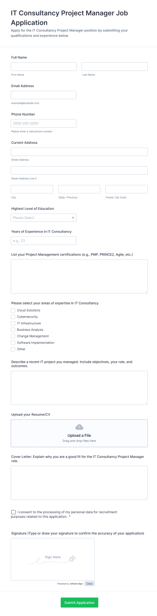 IT Consultancy Project Manager Job Application Form Template