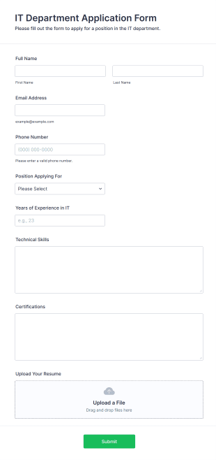 IT Department Application Form Form Template