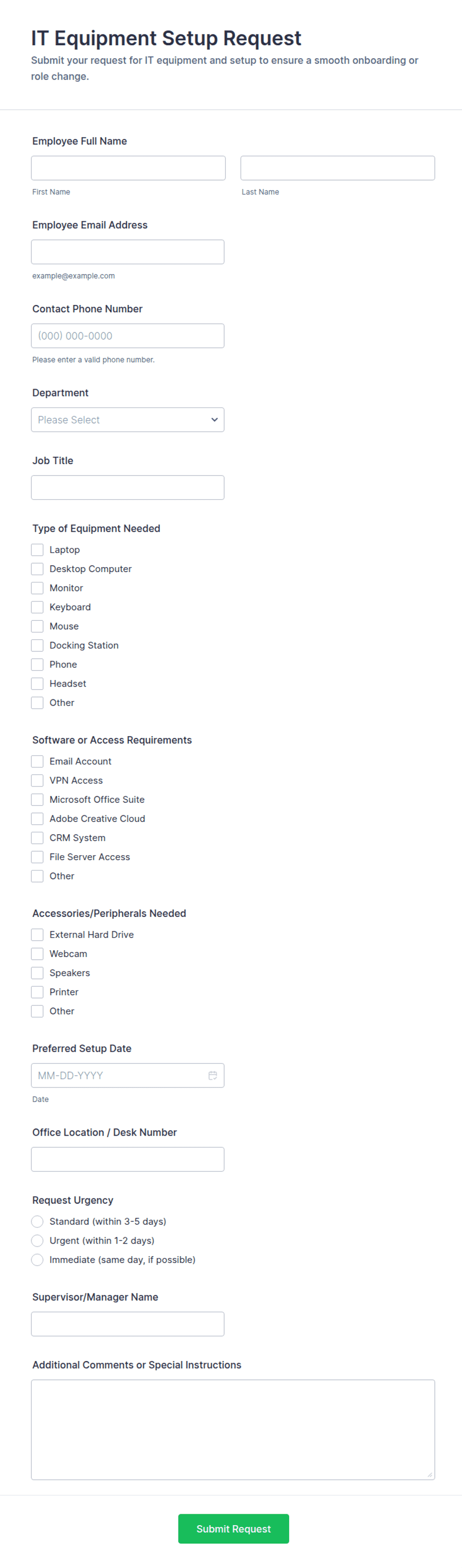 IT Department Equipment Setup Request Form Template | Jotform